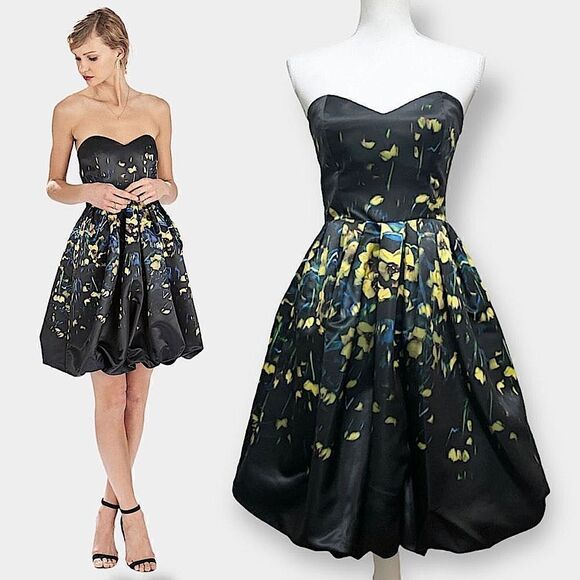 Parker Remi Black & Yellow Floral Satin Strapless Fit N Flare Cocktail Dress 2 - Picture 1 of 9